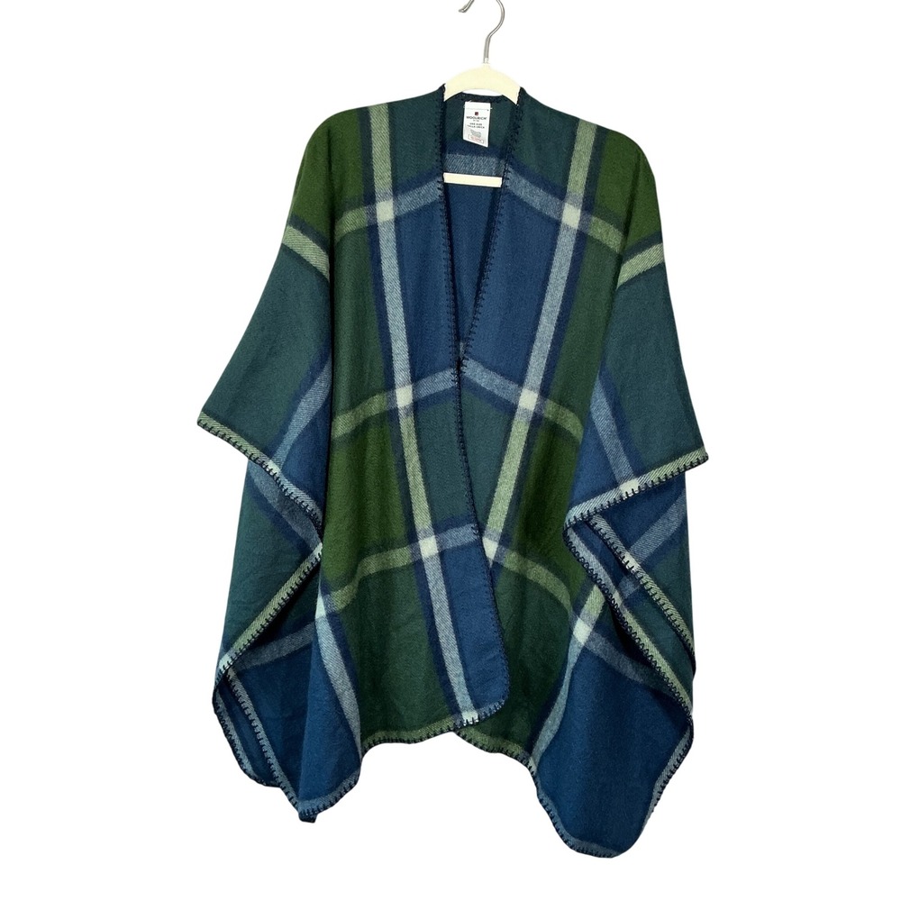 Woolrich Plaid Open Front Poncho Wrap Blue Green One Size Whipstitch Trim